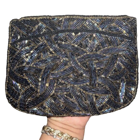 Beaded Clutch Black Blue Gold Hand Beaded Throughout Handbag Purse Evening Party - Picture 8 of 9